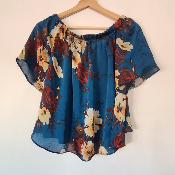 Sans Souci Boho Floral Off Shoulder Sheer Blue Blouse Top Small - Picture 2 of 6